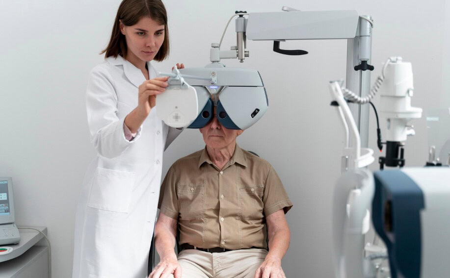 Optometrist conducting eye exam on patient.