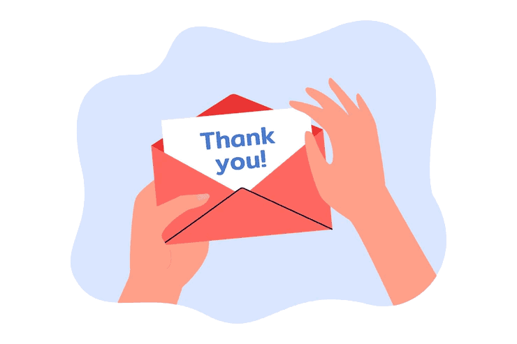 Hands holding thank you card in envelope