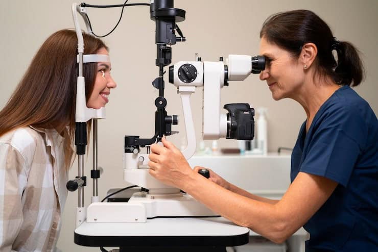 Eye doctor examining patient with slit lamp