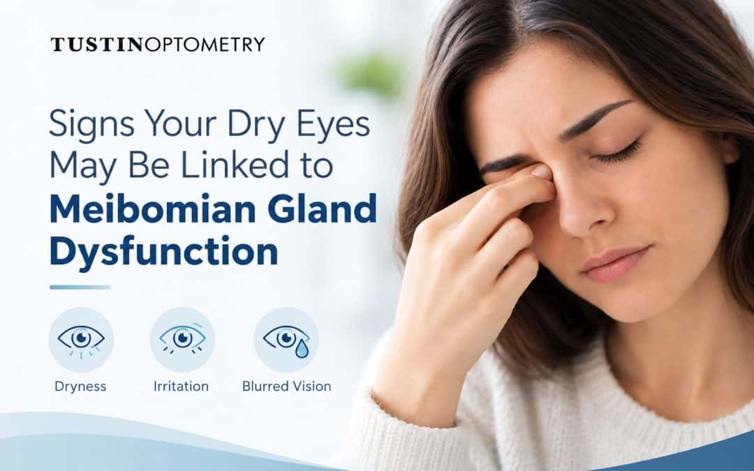 Woman rubbing eye beside meibomian gland dysfunction symptoms