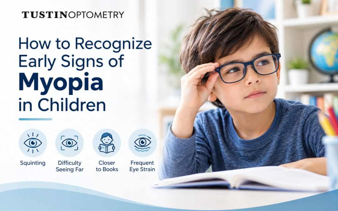 Child adjusting glasses beside early myopia signs infographic